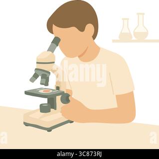 A flat illustration of a scientist examining a sample under a microscope in a lab setting. Stock Vector