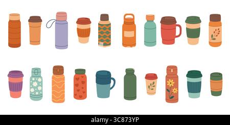 Set of travel thermos mugs. Thermoses, reusable cups, cups for hot drinks. Travel camping equipment. Vector illustration in flat style. Stock Vector