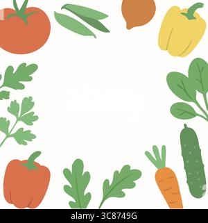 A square vector border composed of scattered vegetables including tomatoes, carrots, and leafy greens. Stock Vector
