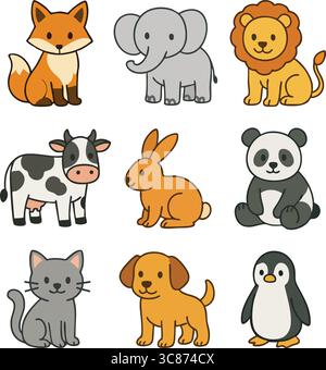 A repeating vector pattern featuring kawaii-style animal faces including fox, elephant, lion, cow, rabbit, panda, and penguin. Stock Vector