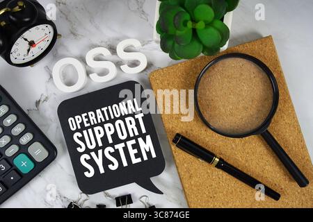 OSS Operational Support System text with Calculator, alarm clock and magnifying glass on marble background Stock Photo