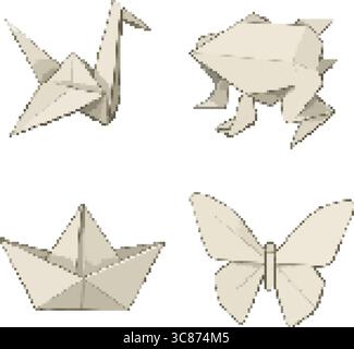 Four origami-style icons depicting a paper crane, a paper frog, a paper boat, and a paper butterfly in neutral tones. Stock Vector