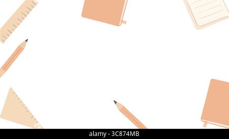 A flat design vector background depicting scattered pencils, notebooks, and paper scraps on a white surface. Stock Vector