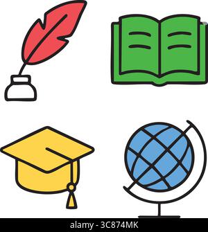 A colorful flat icon set including a red quill pen and ink pot, an open green book, a graduation cap, and a globe. Stock Vector