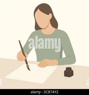 A flat vector illustration of a woman writing on paper with a fountain pen and ink bottle. Stock Vector