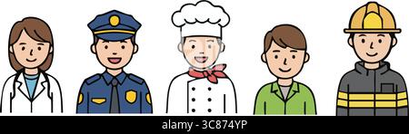 A flat vector illustration of children dressed in uniforms representing different professions like astronaut, doctor, and firefighter. Stock Vector