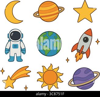 A flat vector illustration of space exploration icons including astronaut, rocket, earth, moon, sun, and planets. Stock Vector