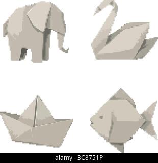 Four light beige origami figures illustrating a paper elephant, a paper swan, a paper boat, and a paper fish in flat vector style. Stock Vector