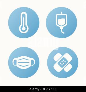 A blue-gradient circular icon collection depicting a clinical thermometer, an IV drip bag, a wheelchair symbol, and a heart monitor display. Stock Vector