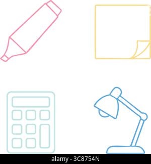 A soft pastel sketch style icon set showing a marker highlighter, a corner sticky note, a desktop calculator, and an adjustable desk lamp. Stock Vector