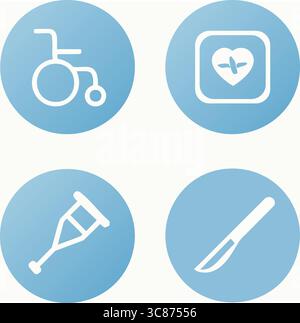 A blue-gradient circular icon grid showing a face mask, a medical bandage, a syringe, and a scalpel blade. Stock Vector