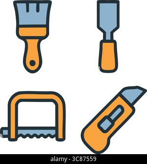 A flat cartoon tool collection featuring a paint brush, a putty knife, a hacksaw frame, and a retractable utility knife. Stock Vector