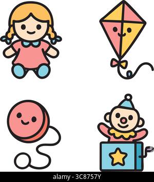 A flat vector illustration of four children’s play items: a toy doll, a flying kite, a smiling ball, and a baby rattle. Stock Vector