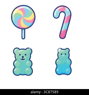 A pastel flat icon set featuring a swirled lollipop, a striped candy cane, and two gradient gummy bears. Stock Vector