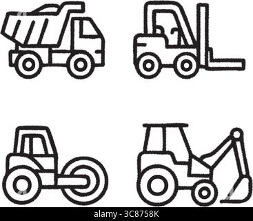 A linear black icon quartet illustrating a dump truck, a forklift, a cement mixer, and a skid steer loader. Stock Vector