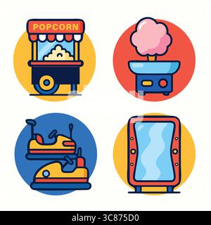A colorful flat icon quartet depicting a popcorn concession stand, a cotton candy maker, a bumper car, and a carnival mirror. Stock Vector