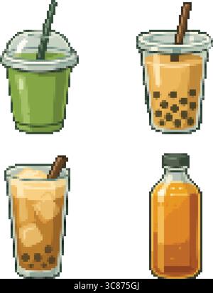 Top-left illustration showing four pixel art cold beverages: a green smoothie with a straw, a bubble tea with tapioca pearls, an iced milk tea with a Stock Vector