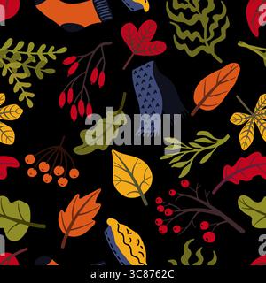 Seamless autumn pattern featuring colorful leaves, berries, a cozy scarf, warm socks, and various autumnal elements arranged on a black background, cr Stock Vector