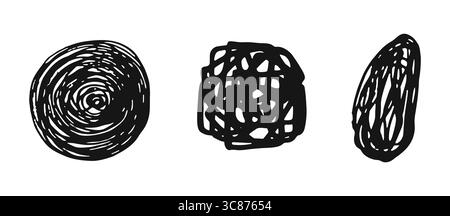 Three distinct scribbles form abstract shapes, hand drawn textures and artistic expression with black ink against a white background Stock Vector