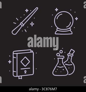 A set of four neon-style line icons on black: a magic wand, a crystal ball, a spell book, and two laboratory flasks. Stock Vector