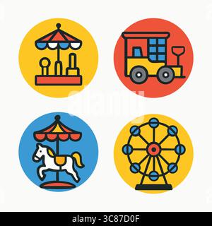 A set of four flat vector icons depicting carnival attractions: a carousel, a train engine, a swing ride, and a Ferris wheel, each on a colored circul Stock Vector