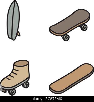 A flat vector illustration featuring a pair of roller skates and a skateboard deck. Stock Vector