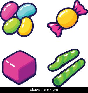 A colorful set of candy icons including jelly beans, a wrapped candy, a cube candy, and candy sticks in flat vector style. Stock Vector