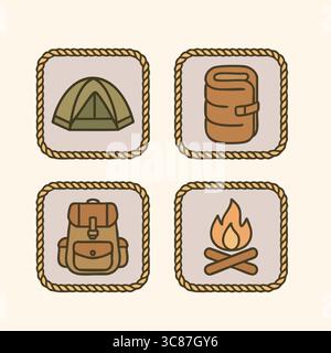 Four square icons with a rope border depicting a tent, a rolled sleeping bag, a backpack, and a campfire for outdoor camping. Stock Vector