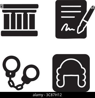 Four black vector icons representing legal and law enforcement elements: a courthouse, a signed document, handcuffs, and a judge’s wig. Stock Vector
