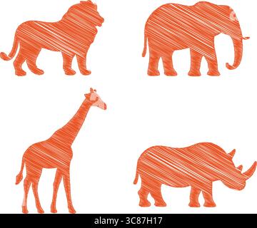 A set of four orange silhouettes featuring a lion, an elephant, a giraffe, and a rhinoceros. Stock Vector