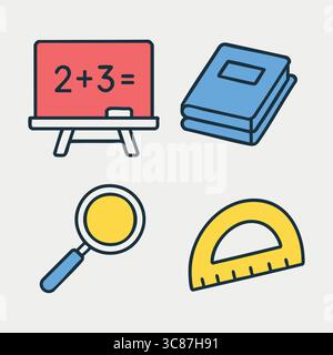 A set of four flat vector education icons including a math blackboard, a stack of books, a magnifying glass, and a protractor. Stock Vector