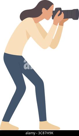 A flat vector illustration of a photographer kneeling to take a photograph with a camera and lens. Stock Vector