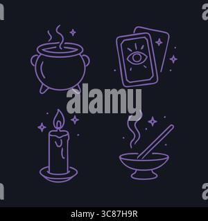 A dark-themed neon purple line art icon collection depicting a bubbling cauldron, a pair of tarot cards, a lit candle, and a steaming potion bowl. Stock Vector