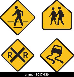 A flat vector set of four yellow diamond-shaped warning signs for pedestrian crossing, school crossing, railroad crossing, and slippery conditions. Stock Vector