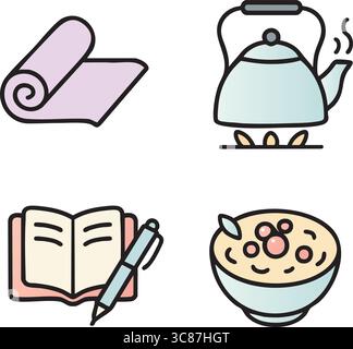 A flat vector set showing a rolled yoga mat, a steaming tea kettle, an open notebook with pen, and a bowl of cereal. Stock Vector