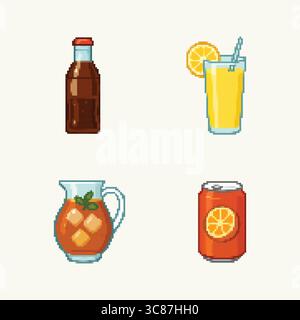 Top-center illustration depicting four pixel art drinks: a brown glass bottle (presumably soda or tea), a tall glass of lemonade with a lemon slice an Stock Vector