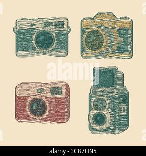 A beige square layout displaying four retro-style camera designs in teal and red color variations. Stock Vector