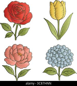 Four hand-painted botanical flower illustrations showing a red rose, a yellow tulip, a pink peony, and a blue hydrangea. Stock Vector