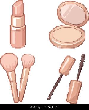 Top-right first makeup illustration featuring cosmetic items in pixel art style: a stacked lipstick, round compact powder, three makeup brushes, and a Stock Vector
