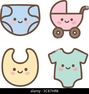 A flat sticker-style illustration of baby care items including pacifier, baby bottle, baby face emoticon, and pram. Stock Vector