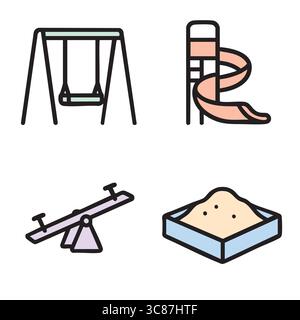 A flat vector icon collection depicting four playground equipment items: a swing, a slide, a seesaw, and a sandbox. Stock Vector