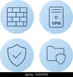 A blue-gradient circular icon collection illustrating a brick-style firewall, a VPN server device, a shield with check mark, and a folder with shield Stock Vector