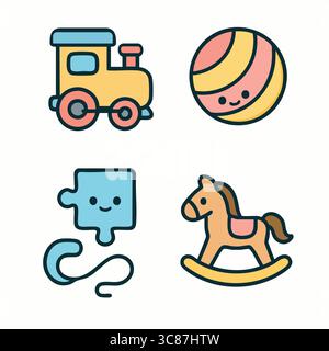 A flat cartoon icon composition featuring a toy train, a puzzle piece, a wooden rocking horse, and a cheerful ball. Stock Vector
