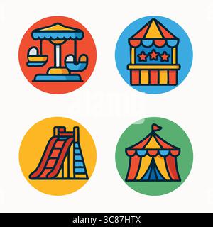 A set of four circular icons with amusement park themes: swing ride, ticket booth, slide, and circus tent in bold color backgrounds. Stock Vector