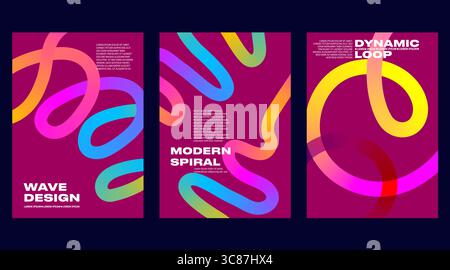 Gradient line posters with abstract backgrounds and colorful patterns create vibrant designs. Vector graphic elements and wave shapes blend by using Stock Vector