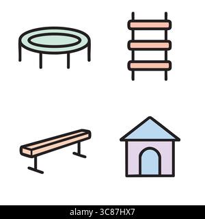 A flat vector illustration of four playground structures: a trampoline, a climbing ladder, a balance bench, and a small playhouse. Stock Vector
