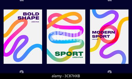 Gradient line posters with abstract backgrounds and colorful patterns create vibrant designs. Vector graphic elements and wave shapes blend by using Stock Vector