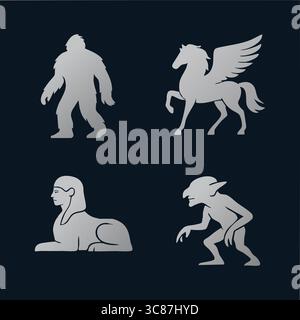 A silver silhouette set on dark background featuring four legendary creatures: Bigfoot, a winged Pegasus, a sphinx, and a goblin. Stock Vector