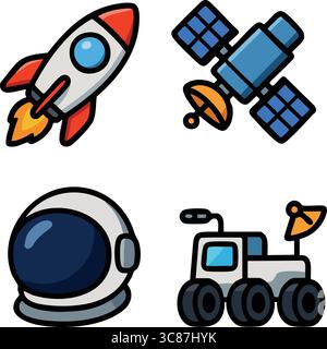 Four flat vector icons illustrating space exploration elements: a rocket, an orbiting satellite, an astronaut helmet, and a lunar surface rover. Stock Vector