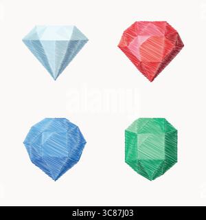 A flat vector illustration featuring four faceted gemstones: a clear diamond, a red ruby, a blue sapphire, and a green emerald. Stock Vector